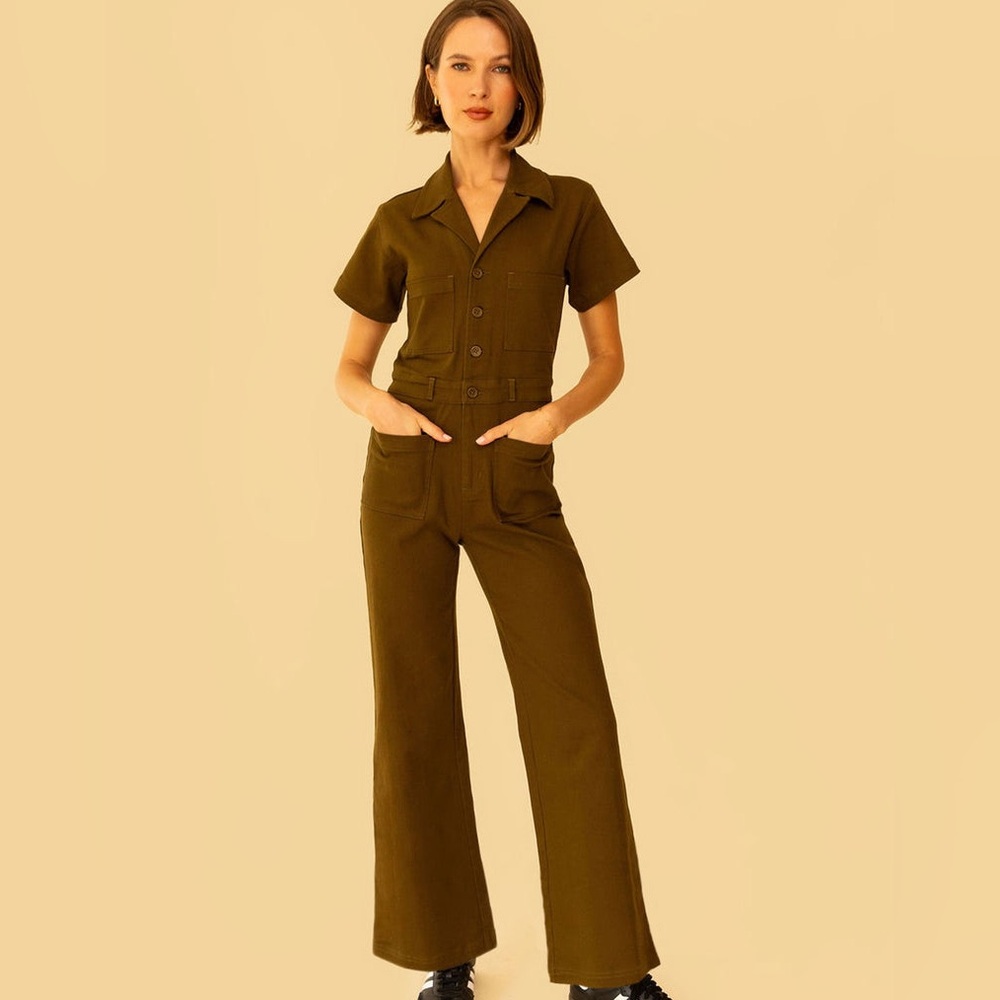 Whimsy + Row Olive Green Short-Sleeve Utility Jumpsuit